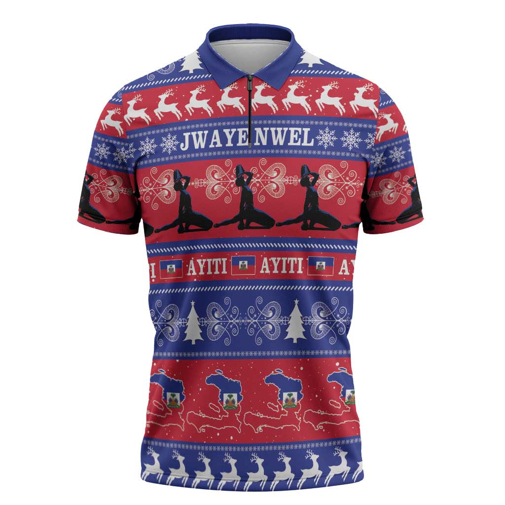 Haiti Christmas Zipper Polo Shirt Jwaye Nwel Ayiti Neg Marron Veve Vodou
