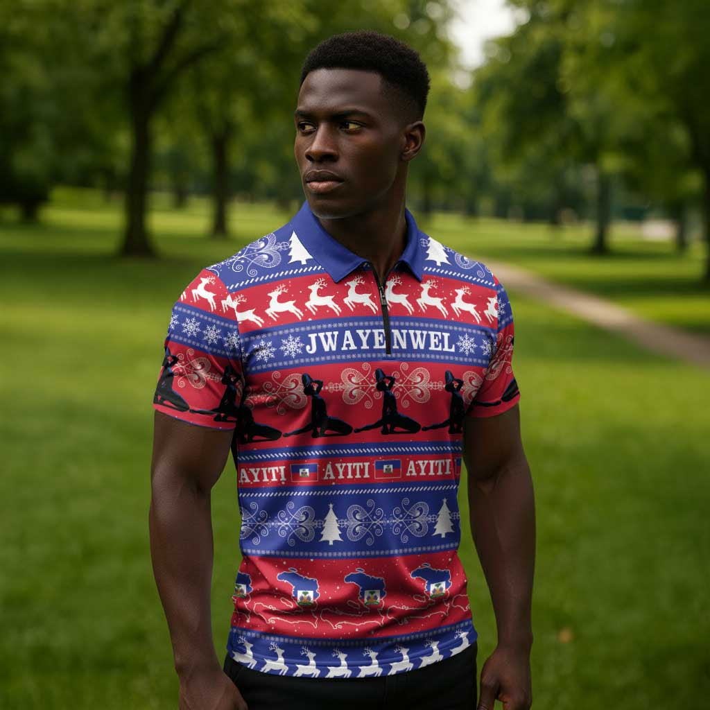 Haiti Christmas Zipper Polo Shirt Jwaye Nwel Ayiti Neg Marron Veve Vodou