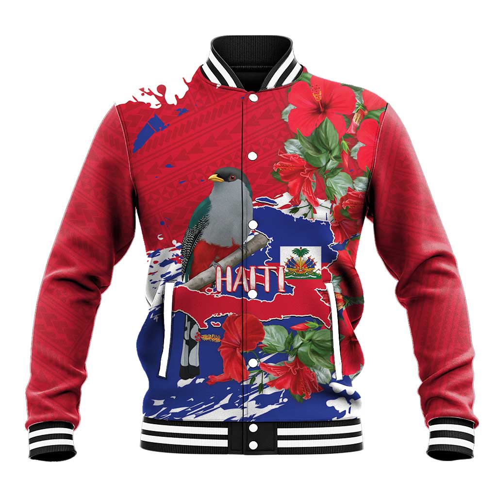 Afro Haiti Independence Day Baseball Jacket 1804 Proud Ayiti Map Hispaniolan Trogon - African Pride