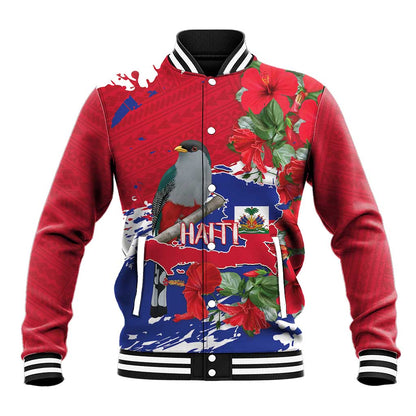 Afro Haiti Independence Day Baseball Jacket 1804 Proud Ayiti Map Hispaniolan Trogon - African Pride
