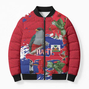 Haiti Independence Day Bomber Puffer Jacket 1804 Proud Ayiti Map Hispaniolan Trogon