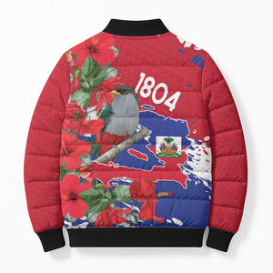 Haiti Independence Day Bomber Puffer Jacket 1804 Proud Ayiti Map Hispaniolan Trogon