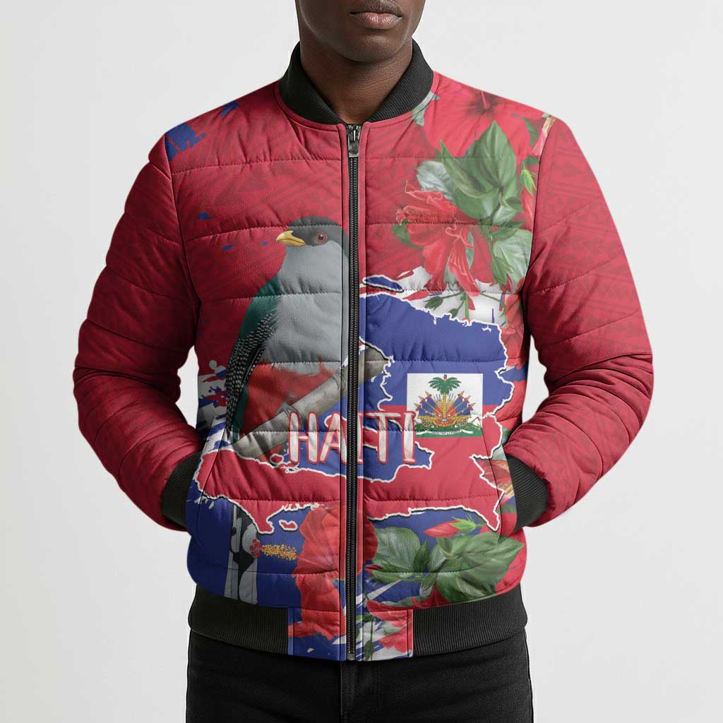 Haiti Independence Day Bomber Puffer Jacket 1804 Proud Ayiti Map Hispaniolan Trogon