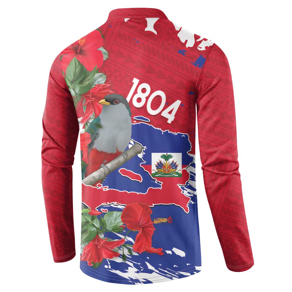 Haiti Independence Day Button Sweatshirt 1804 Proud Ayiti Map Hispaniolan Trogon