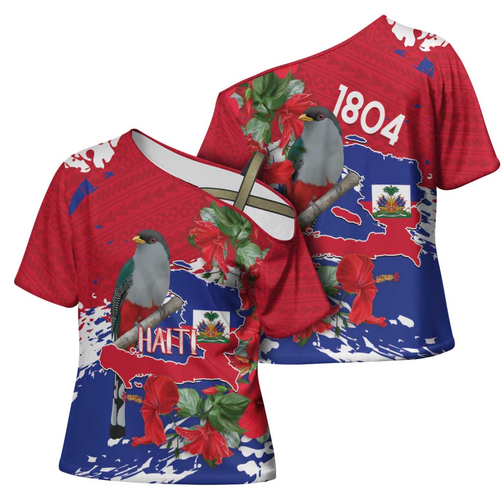 Haiti Independence Day Cross Shoulder Shirt 1804 Proud Ayiti Map Hispaniolan Trogon