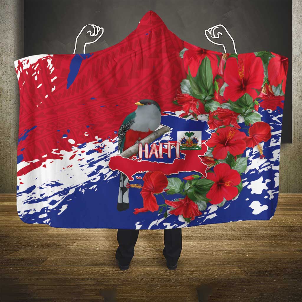 Afro Haiti Independence Day Hooded Blanket 1804 Proud Ayiti Map Hispaniolan Trogon - African Pride