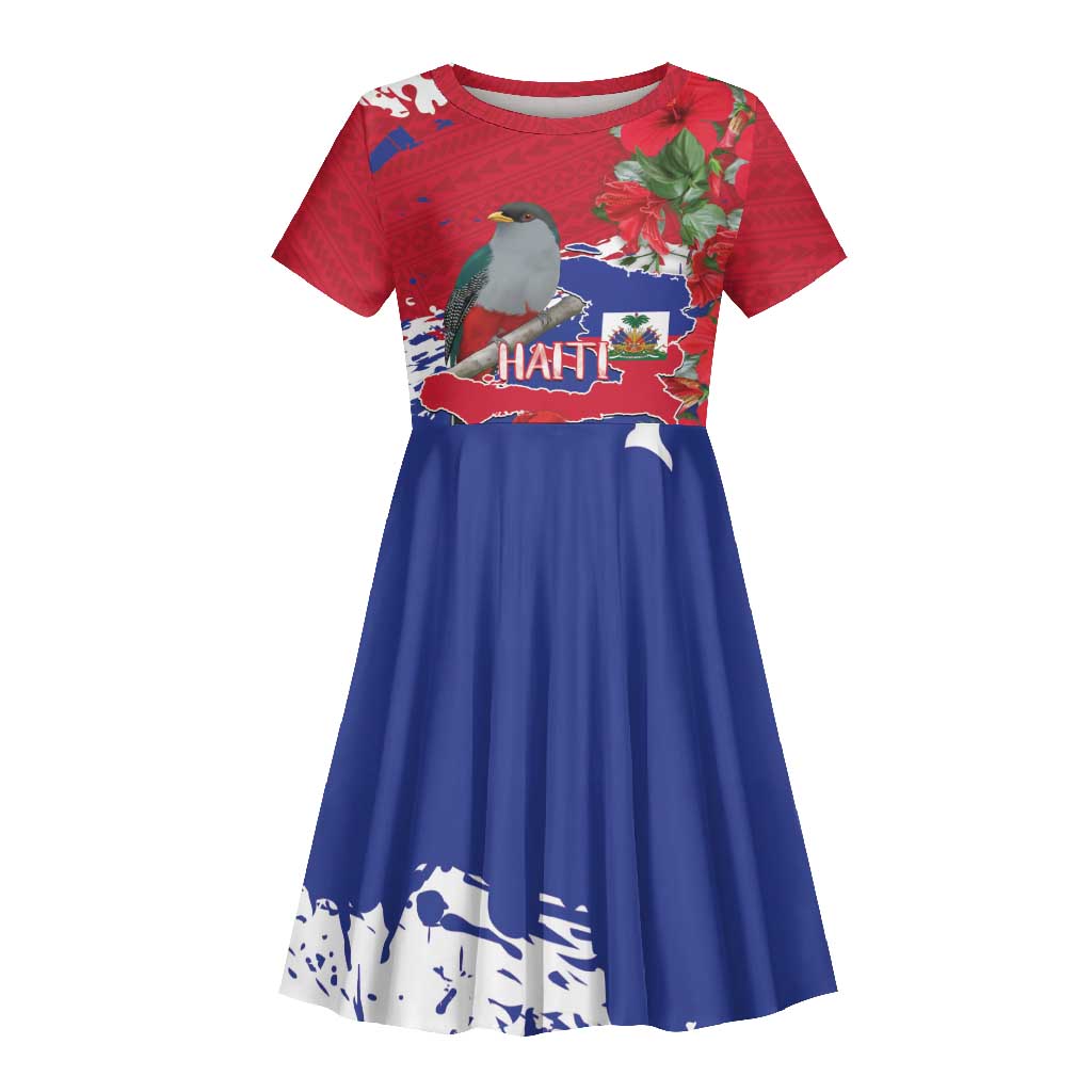 Afro Haiti Independence Day Kid Short Sleeve Dress 1804 Proud Ayiti Map Hispaniolan Trogon LT14