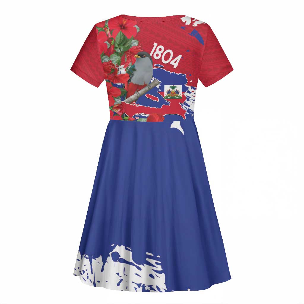 Afro Haiti Independence Day Kid Short Sleeve Dress 1804 Proud Ayiti Map Hispaniolan Trogon LT14