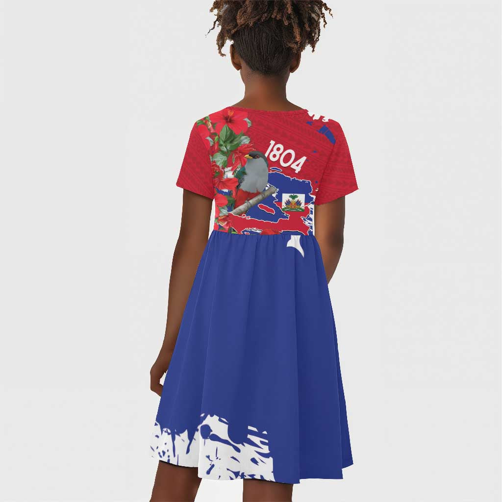 Afro Haiti Independence Day Kid Short Sleeve Dress 1804 Proud Ayiti Map Hispaniolan Trogon LT14