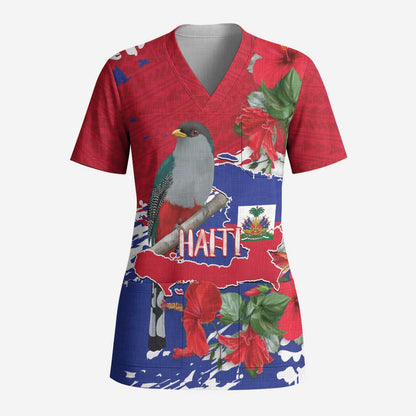 Afro Haiti Independence Day Scrub Top 1804 Proud Ayiti Map Hispaniolan Trogon - African Pride
