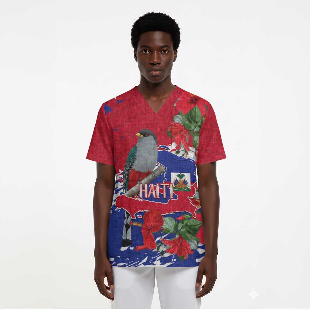 Afro Haiti Independence Day Scrub Top 1804 Proud Ayiti Map Hispaniolan Trogon - African Pride
