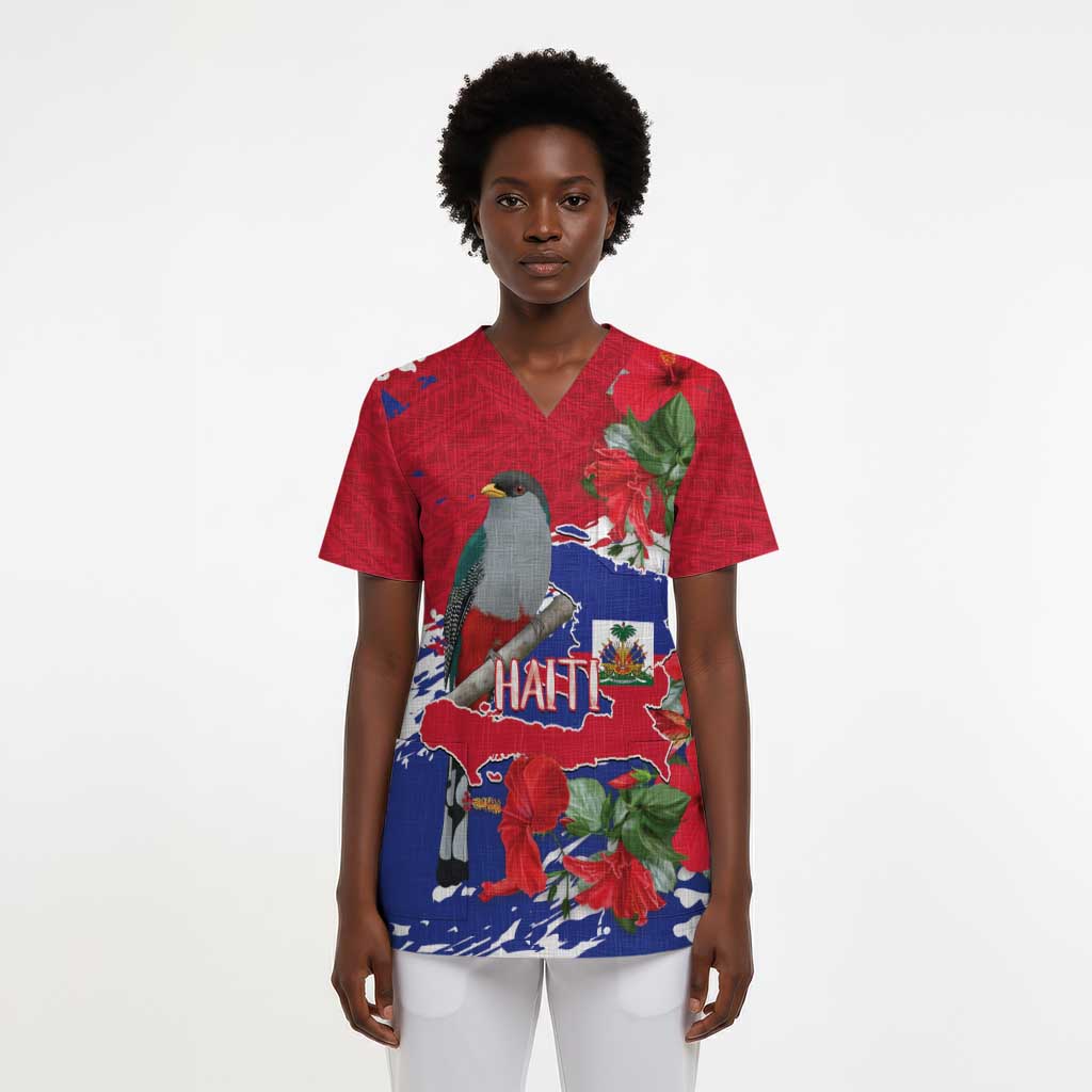 Afro Haiti Independence Day Scrub Top 1804 Proud Ayiti Map Hispaniolan Trogon - African Pride