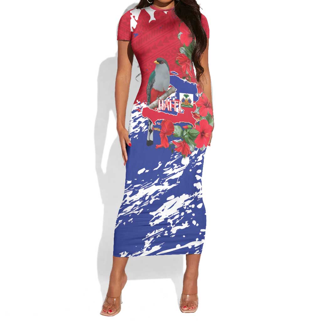 Afro Haiti Independence Day Short Sleeve Bodycon Dress 1804 Proud Ayiti Map Hispaniolan Trogon LT14