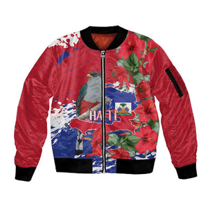Afro Haiti Independence Day Sleeve Zip Bomber Jacket 1804 Proud Ayiti Map Hispaniolan Trogon - African Pride
