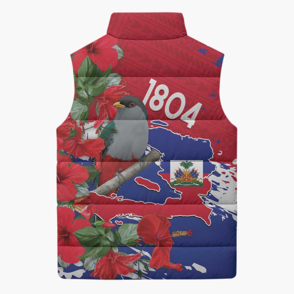 Haiti Independence Day Sleeveless Puffer Jacket 1804 Proud Ayiti Map Hispaniolan Trogon