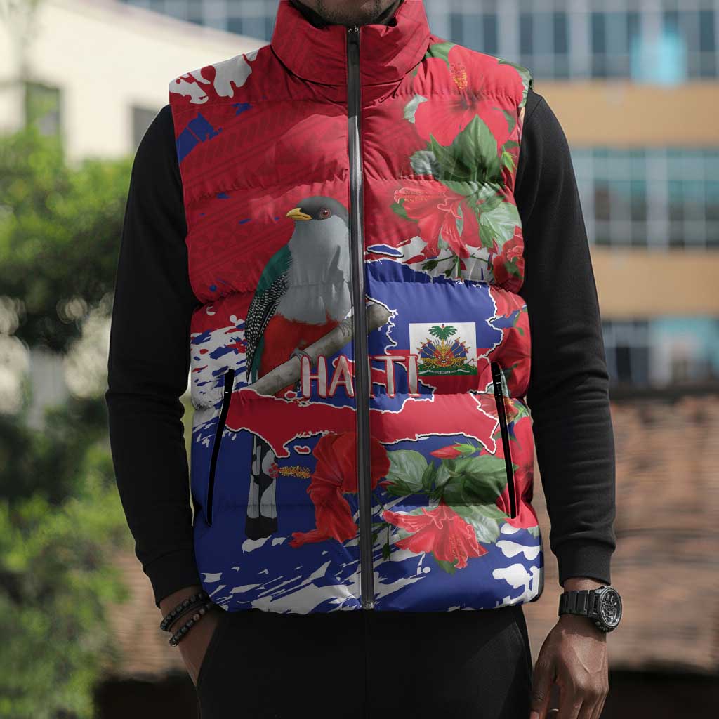 Haiti Independence Day Sleeveless Puffer Jacket 1804 Proud Ayiti Map Hispaniolan Trogon
