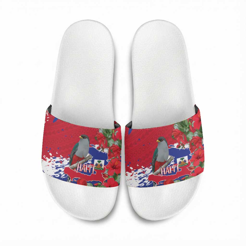 Haiti Independence Day Slide Sandals 1804 Proud Ayiti Map Hispaniolan Trogon