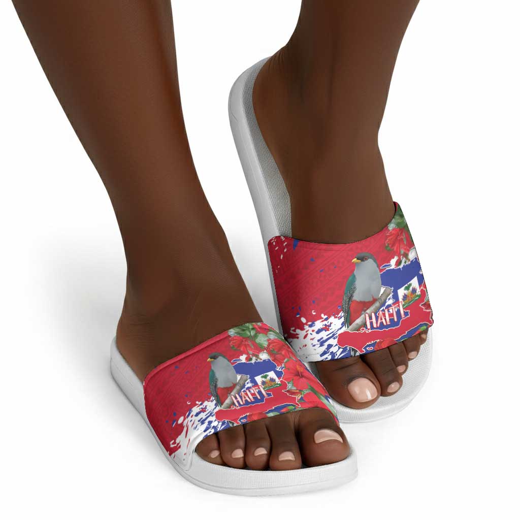 Haiti Independence Day Slide Sandals 1804 Proud Ayiti Map Hispaniolan Trogon