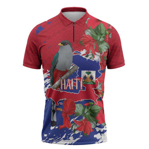 Haiti Independence Day Zipper Polo Shirt 1804 Proud Ayiti Map Hispaniolan Trogon