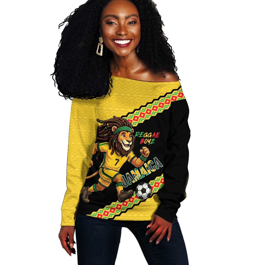 Jamaica 2026 Football Custom Off Shoulder Sweater Go Reggae Boyz Rasta Lion Sporty
