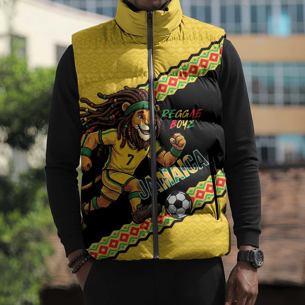 Jamaica 2026 Football Custom Sleeveless Puffer Jacket Go Reggae Boyz Rasta Lion Sporty