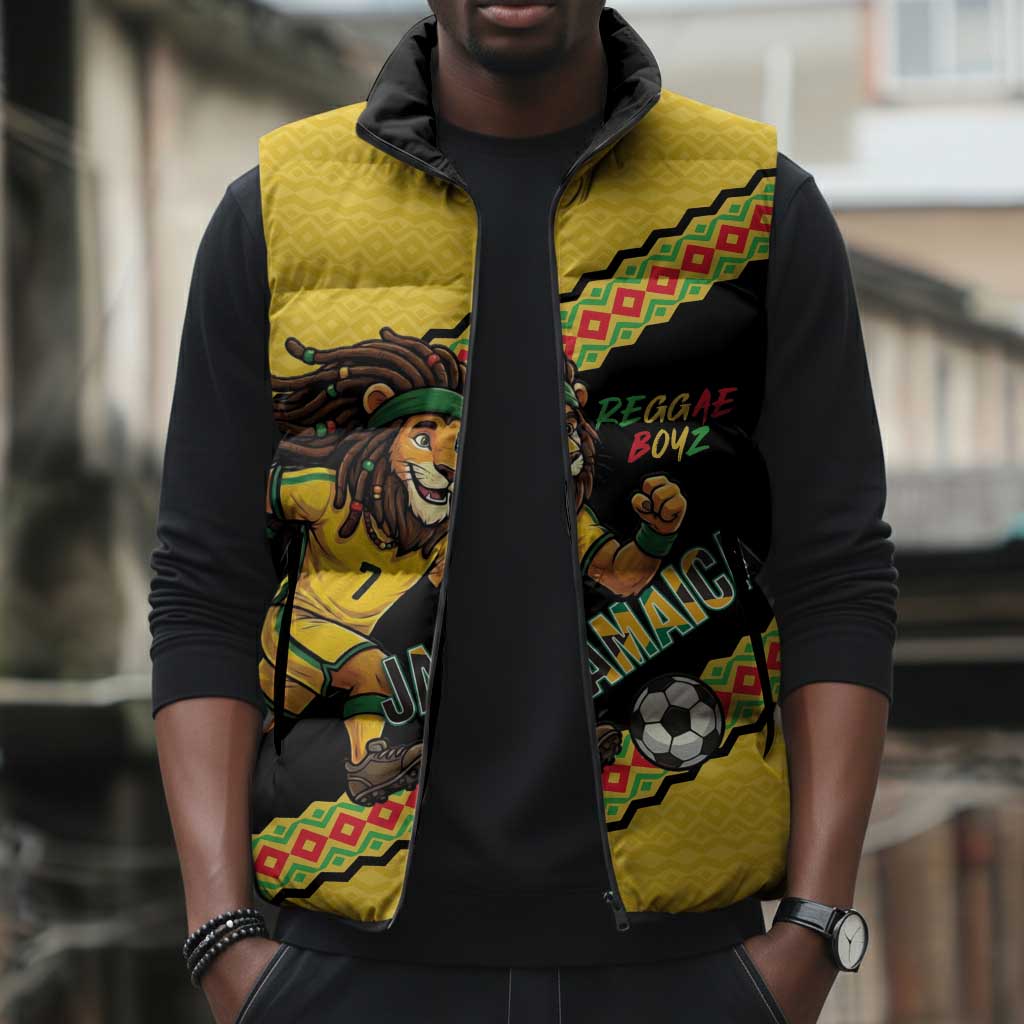Jamaica 2026 Football Custom Sleeveless Puffer Jacket Go Reggae Boyz Rasta Lion Sporty