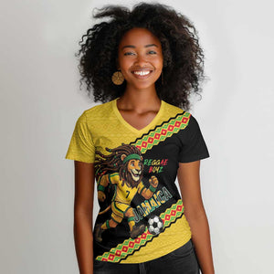 Jamaica 2026 Football Custom Women V-Neck T-Shirt Go Reggae Boyz Rasta Lion Sporty