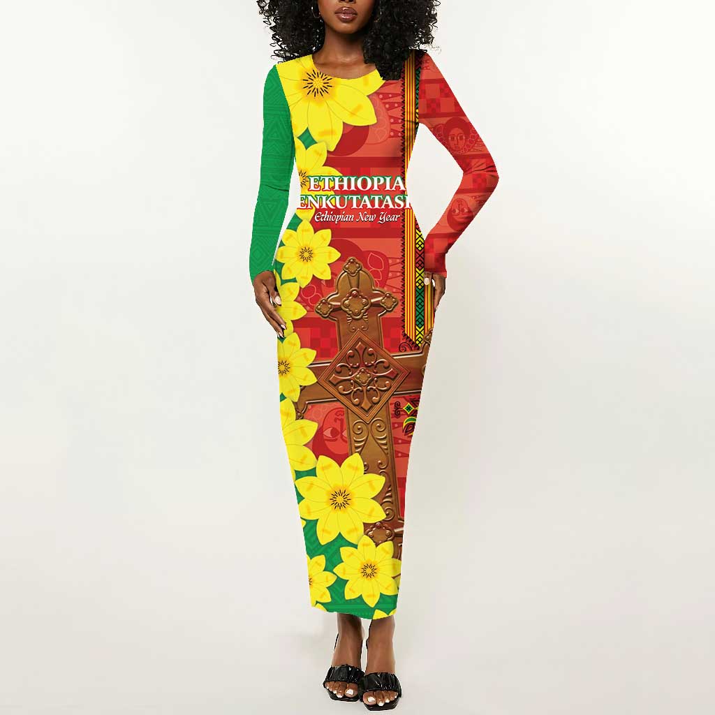 Enkutatash Ethiopia Long Sleeve Bodycon Dress Melkam Addis Amet Adey Abeba Flower