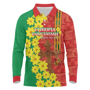 Enkutatash Ethiopia Long Sleeve Polo Shirt Melkam Addis Amet Adey Abeba Flower