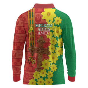 Enkutatash Ethiopia Long Sleeve Polo Shirt Melkam Addis Amet Adey Abeba Flower