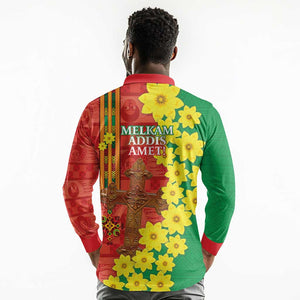 Enkutatash Ethiopia Long Sleeve Polo Shirt Melkam Addis Amet Adey Abeba Flower