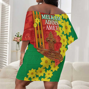 Enkutatash Ethiopia Off Shoulder Short Dress Melkam Addis Amet Adey Abeba Flower LT14