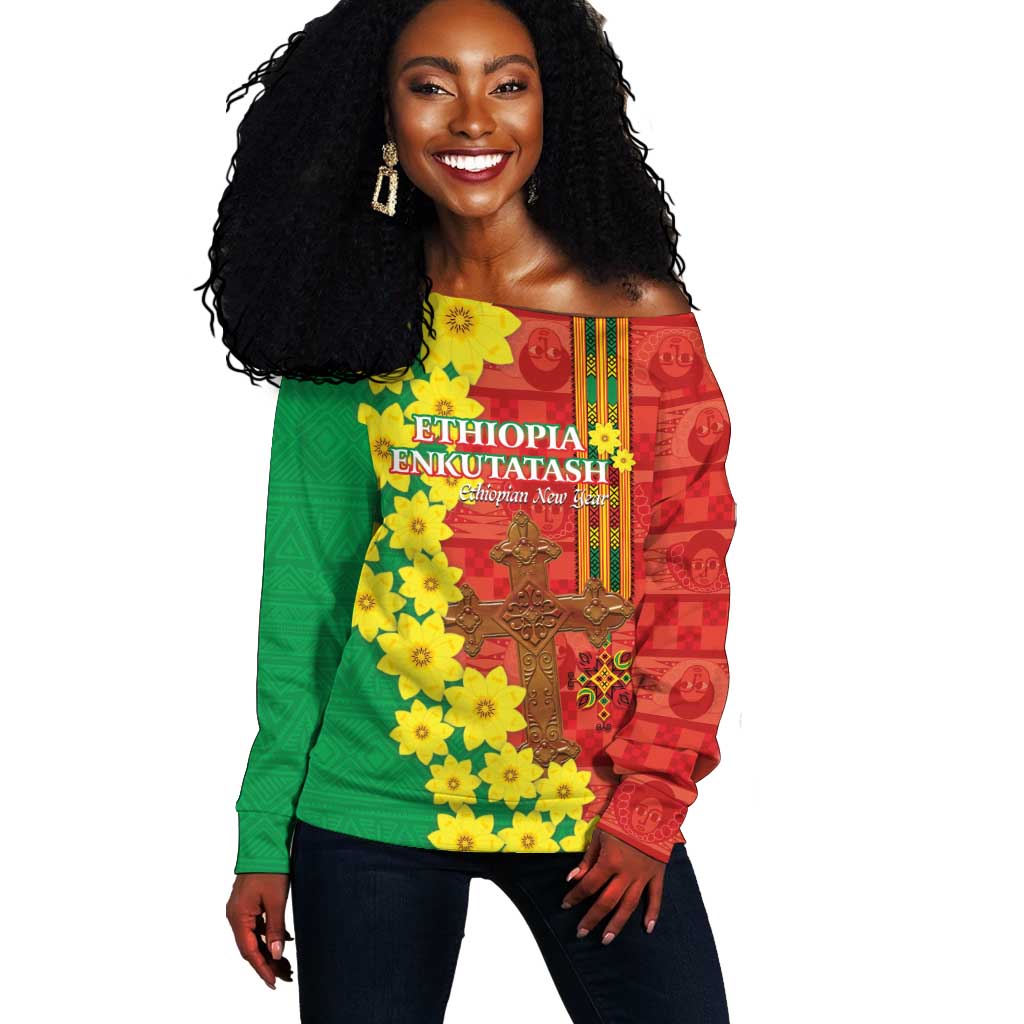 Enkutatash Ethiopia Off Shoulder Sweater Melkam Addis Amet Adey Abeba Flower