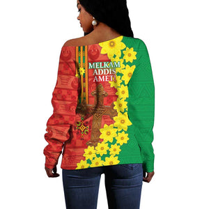 Enkutatash Ethiopia Off Shoulder Sweater Melkam Addis Amet Adey Abeba Flower