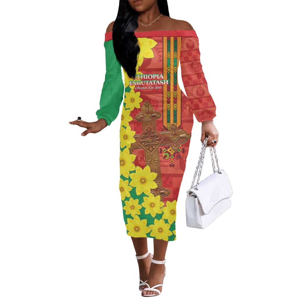 Enkutatash Ethiopia Off The Shoulder Long Sleeve Dress Melkam Addis Amet Adey Abeba Flower