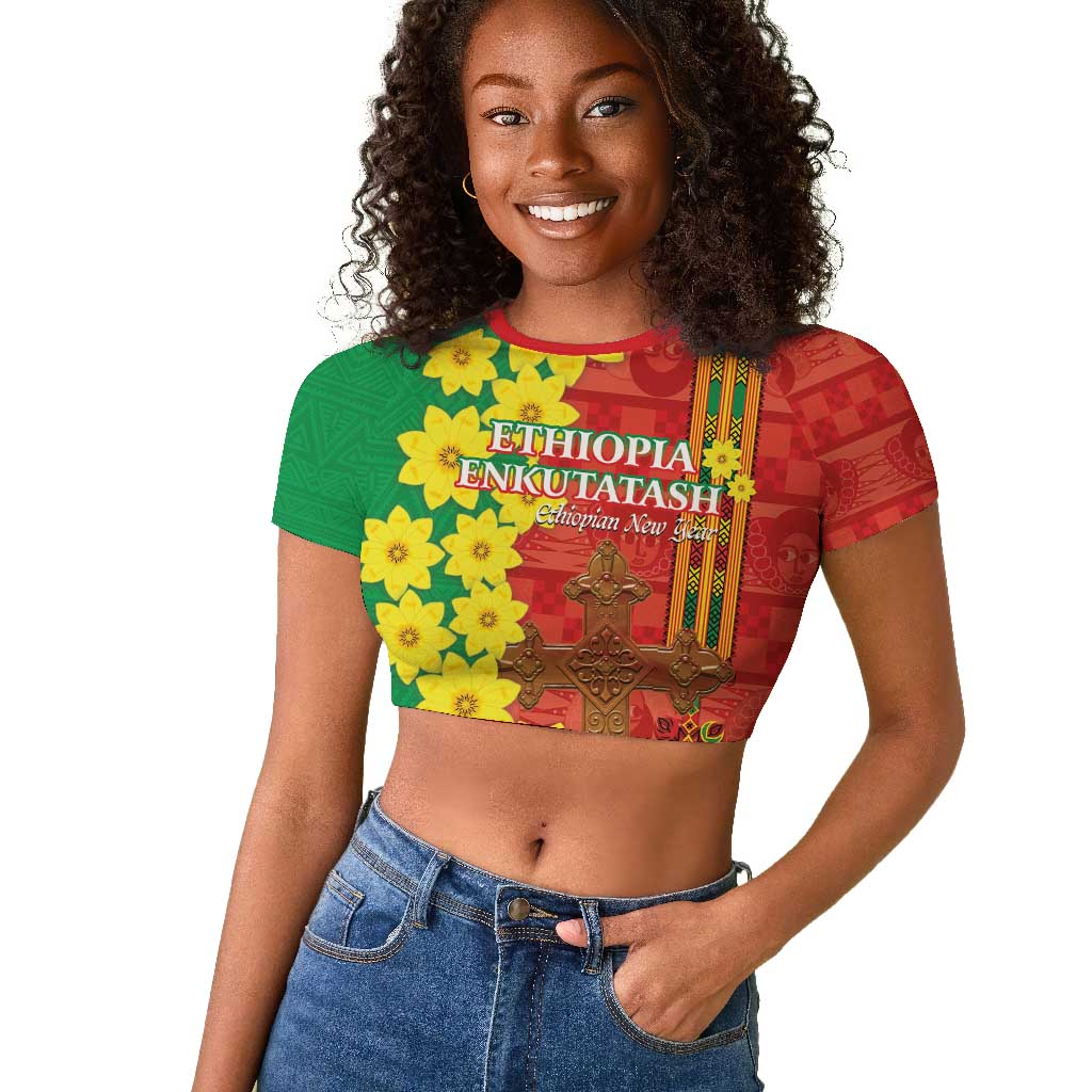 Enkutatash Ethiopia Raglan Cropped T shirt Melkam Addis Amet Adey Abeba Flower