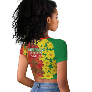 Enkutatash Ethiopia Raglan Cropped T shirt Melkam Addis Amet Adey Abeba Flower