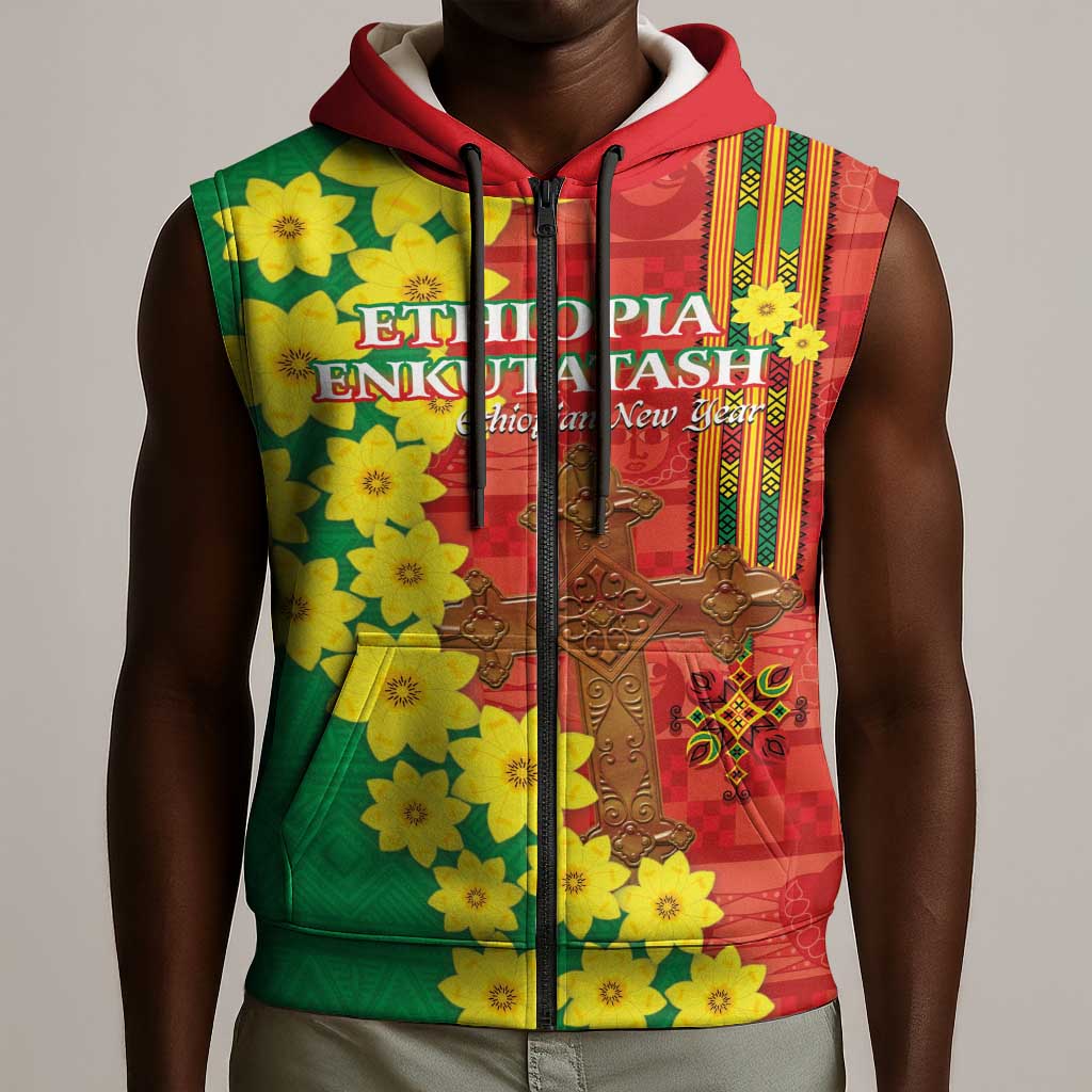 Enkutatash Ethiopia Sleeveless Zip Hoodie Melkam Addis Amet Adey Abeba Flower - African Pride