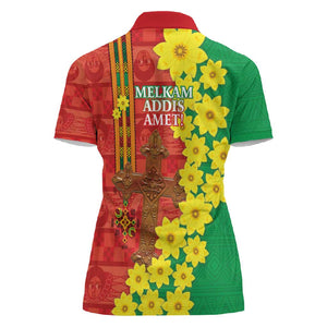 Enkutatash Ethiopia Women Polo Shirt Melkam Addis Amet Adey Abeba Flower