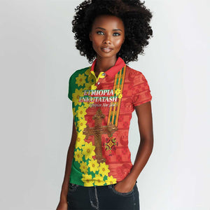 Enkutatash Ethiopia Women Polo Shirt Melkam Addis Amet Adey Abeba Flower