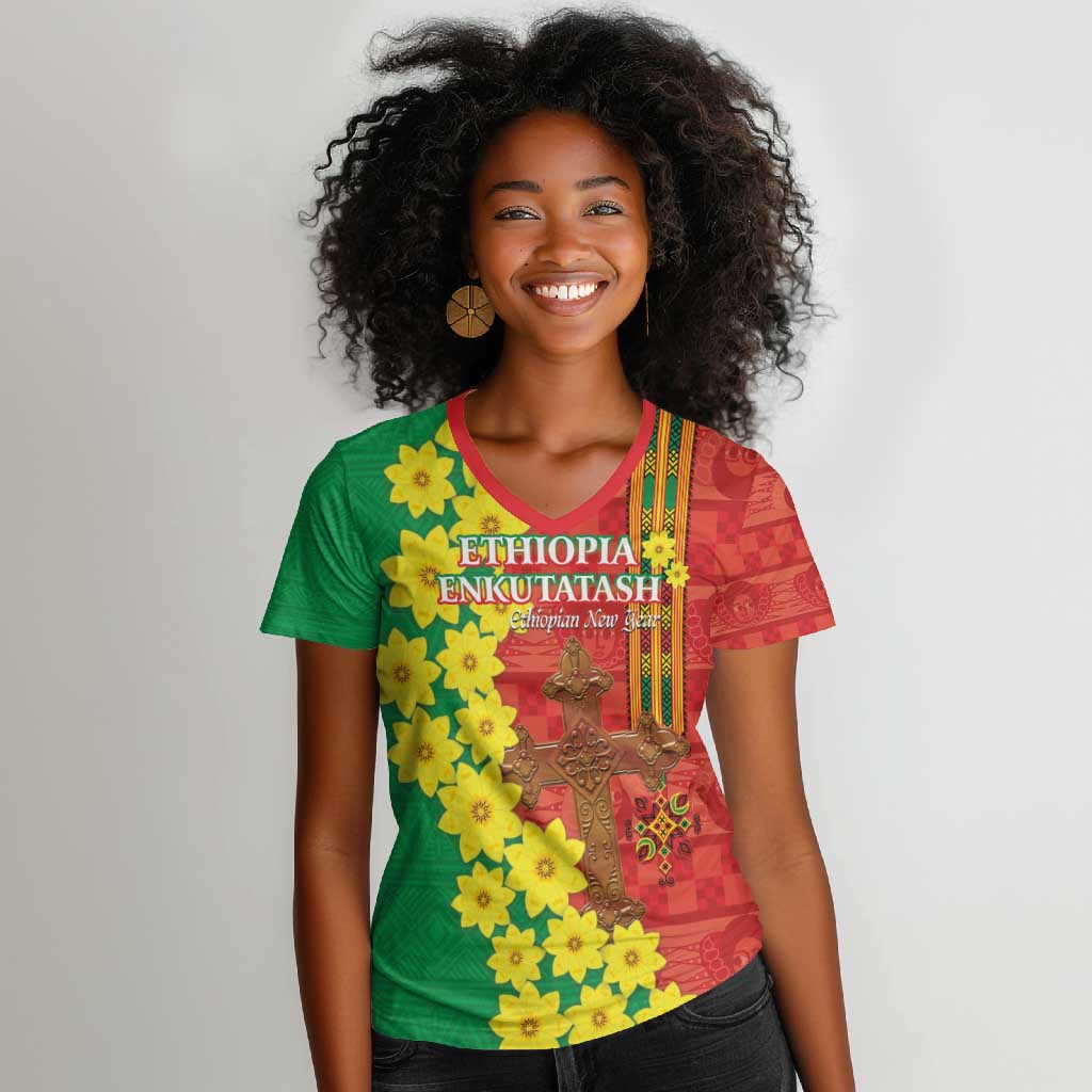 Enkutatash Ethiopia Women V-Neck T-Shirt Melkam Addis Amet Adey Abeba Flower