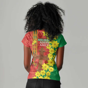 Enkutatash Ethiopia Women V-Neck T-Shirt Melkam Addis Amet Adey Abeba Flower