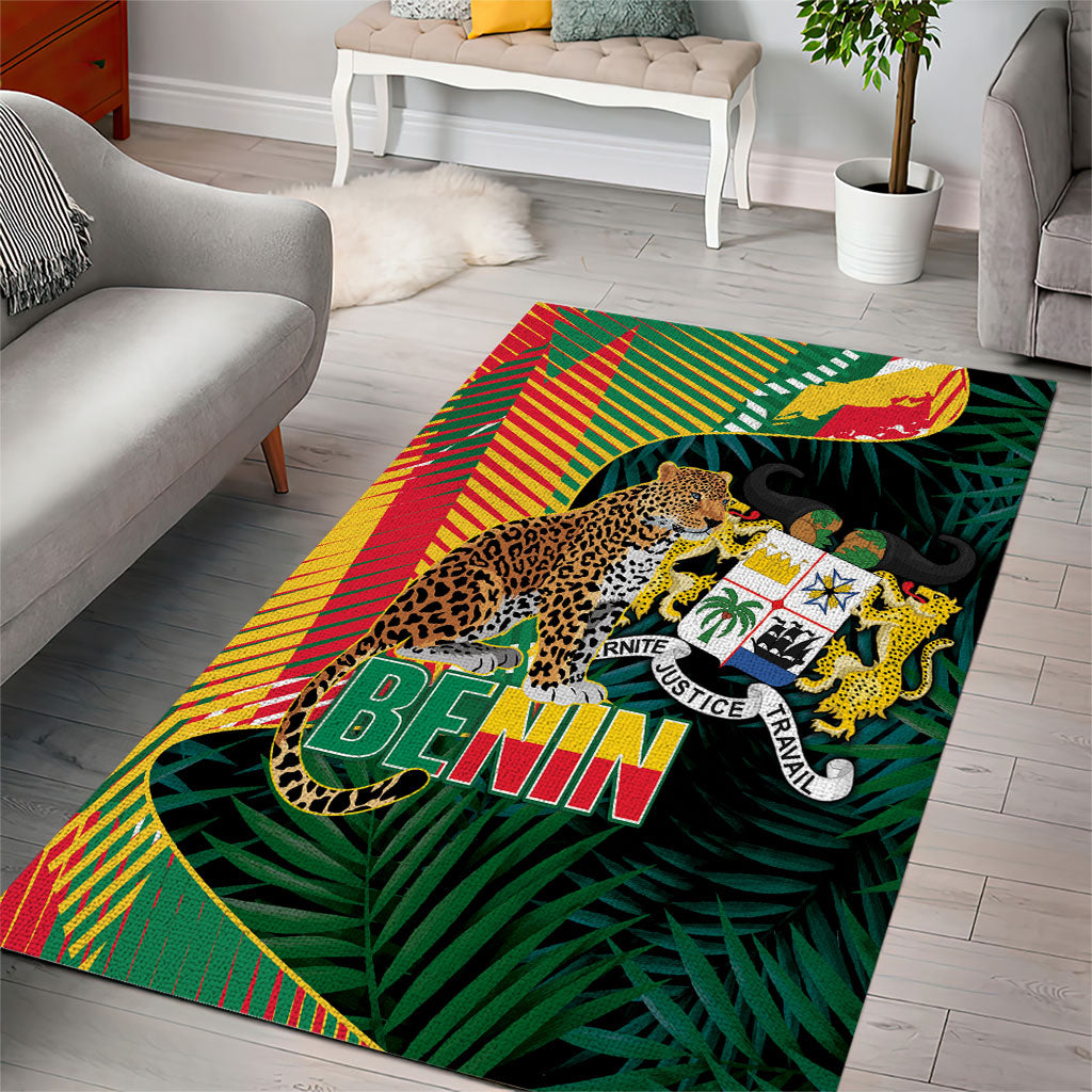 Benin Independence Day Area Rug Coat Of Arms Leopard Oil Palm Leaves