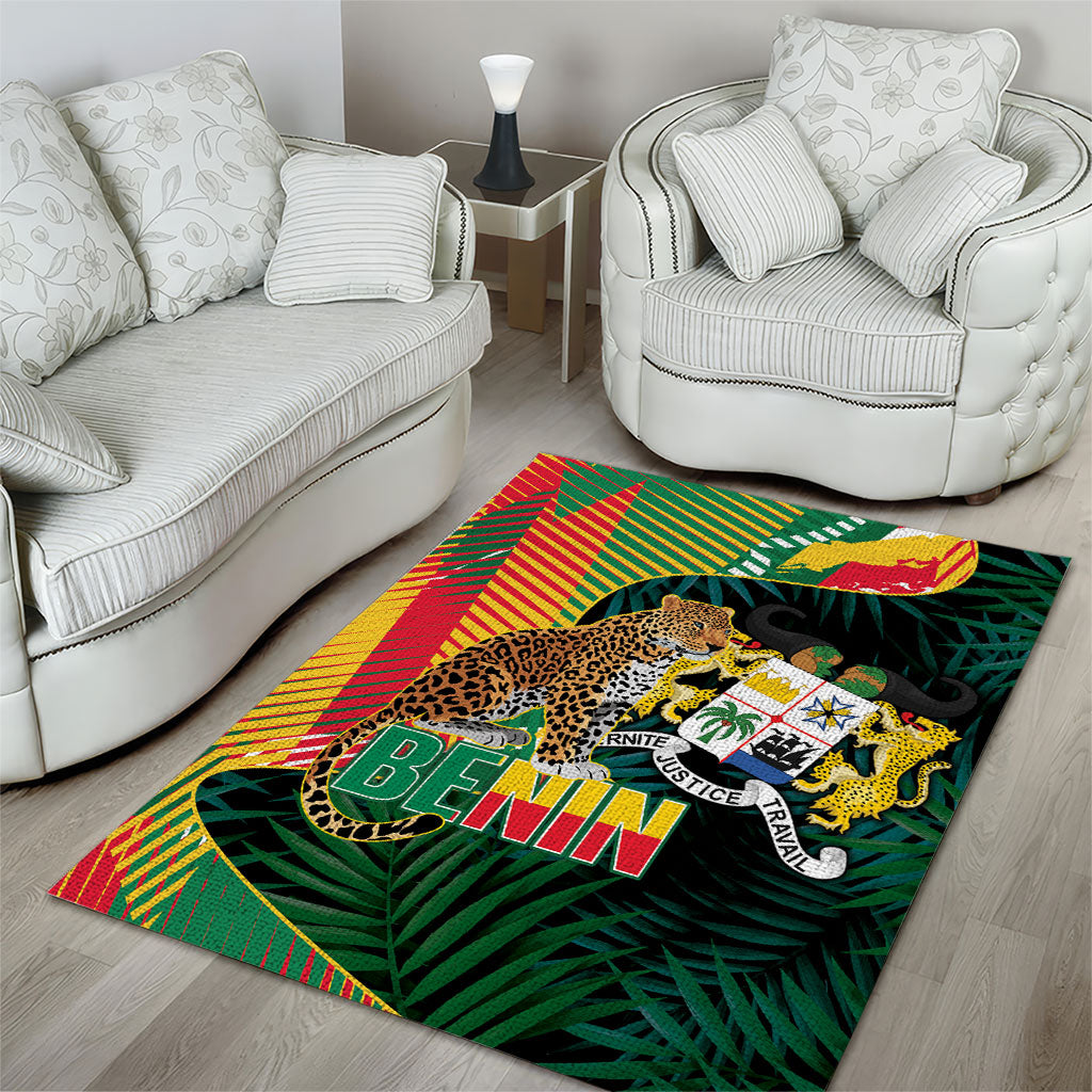 Benin Independence Day Area Rug Coat Of Arms Leopard Oil Palm Leaves