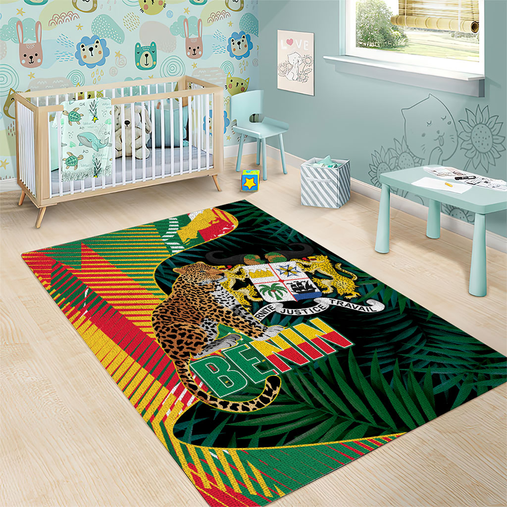Benin Independence Day Area Rug Coat Of Arms Leopard Oil Palm Leaves