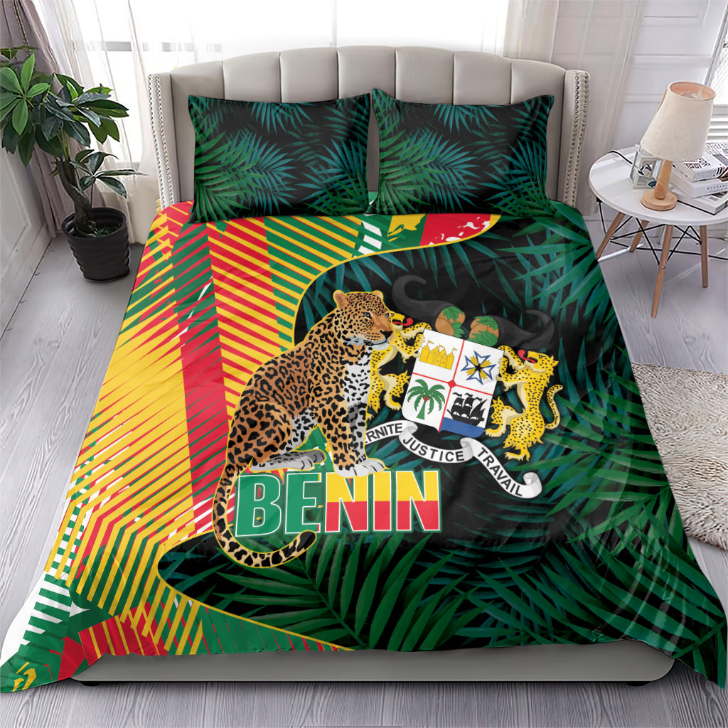 Benin Independence Day Bedding Set Coat Of Arms Leopard Oil Palm Leaves