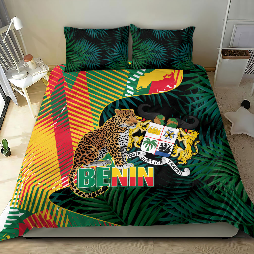 Benin Independence Day Bedding Set Coat Of Arms Leopard Oil Palm Leaves