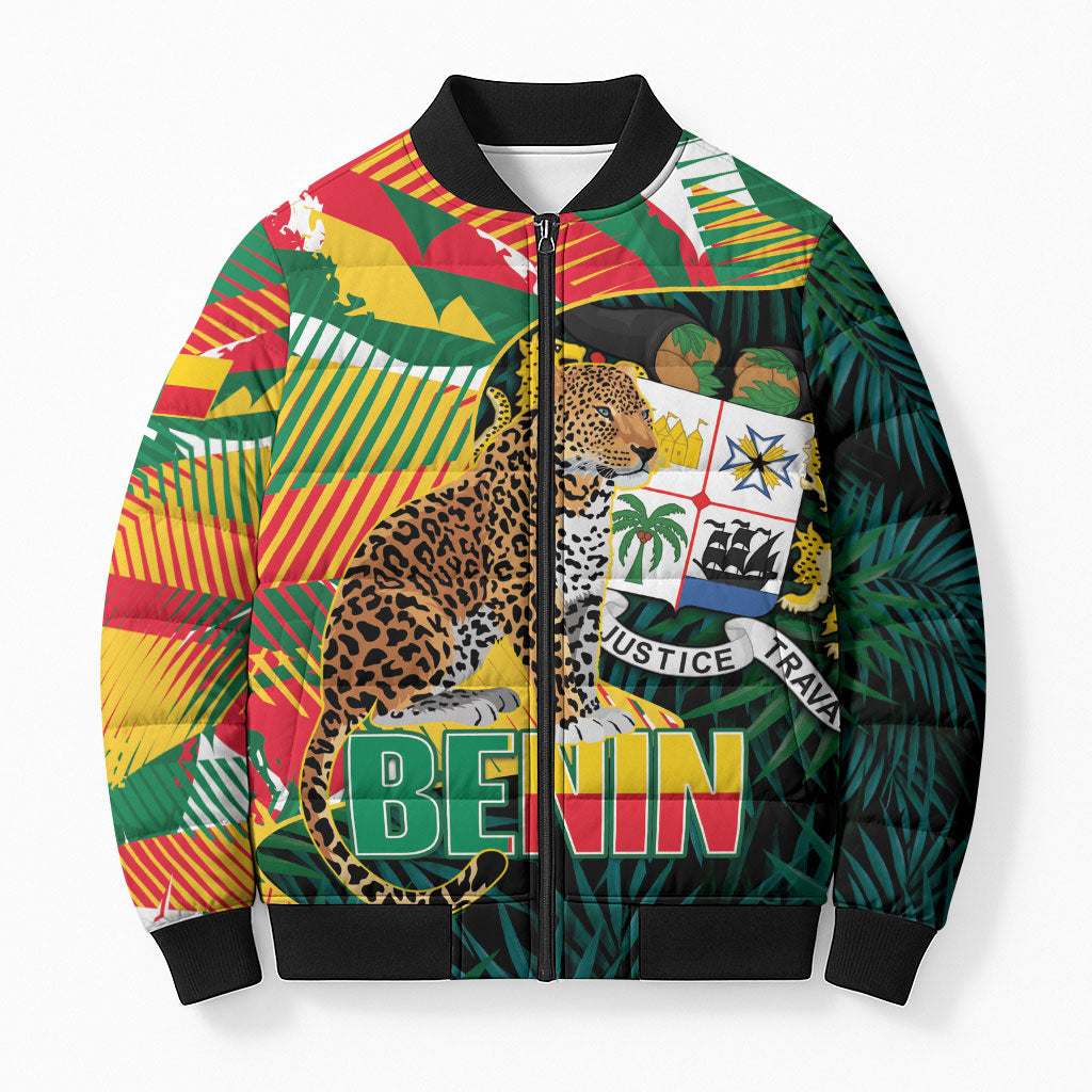 Personalized Benin Independence Day Bomber Puffer Jacket Coat Of Arms Leopard Oil Palm Leaves