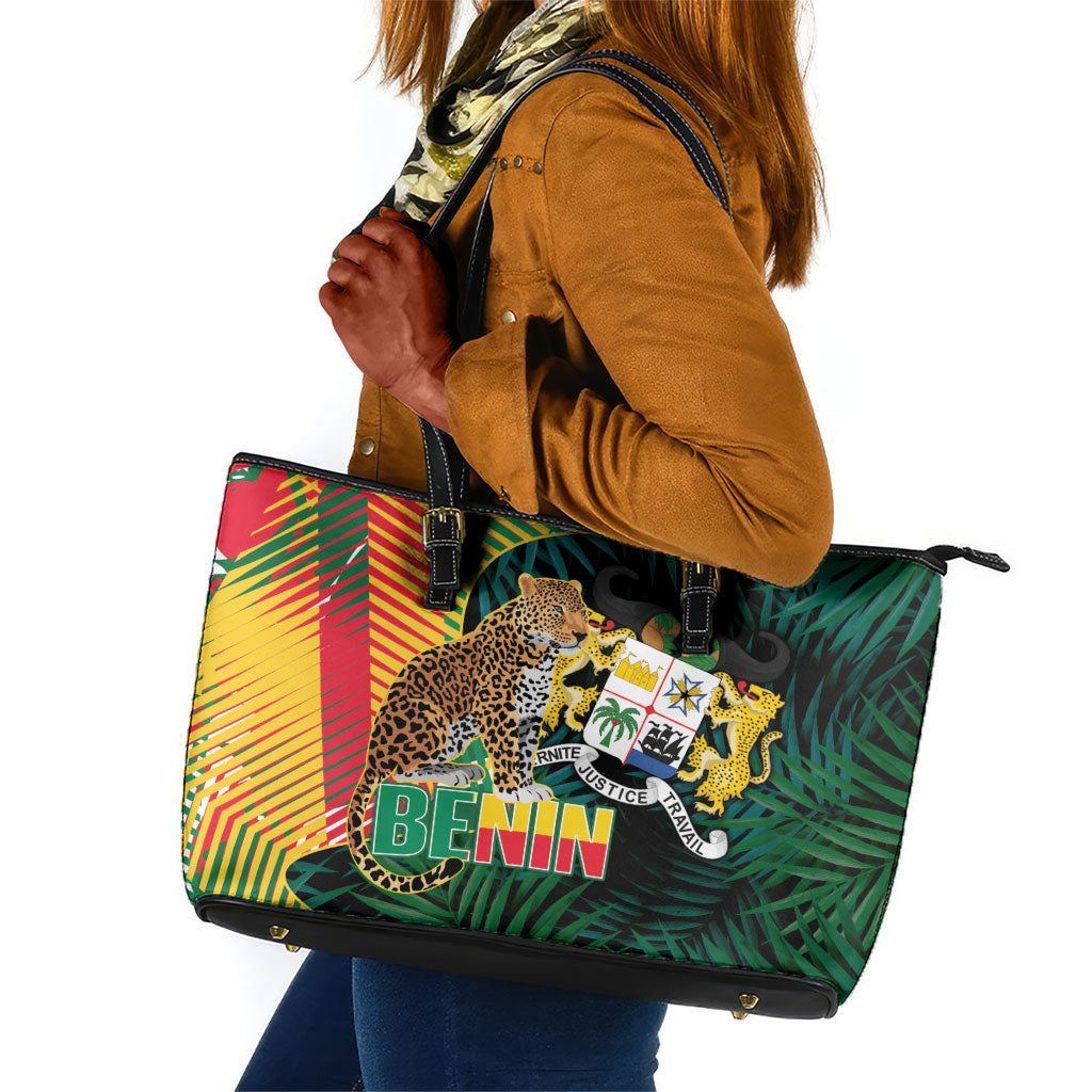 Benin Independence Day Leather Tote Bag Coat Of Arms Leopard Oil Palm Leaves