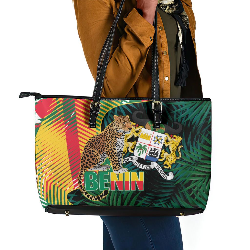 Benin Independence Day Leather Tote Bag Coat Of Arms Leopard Oil Palm Leaves
